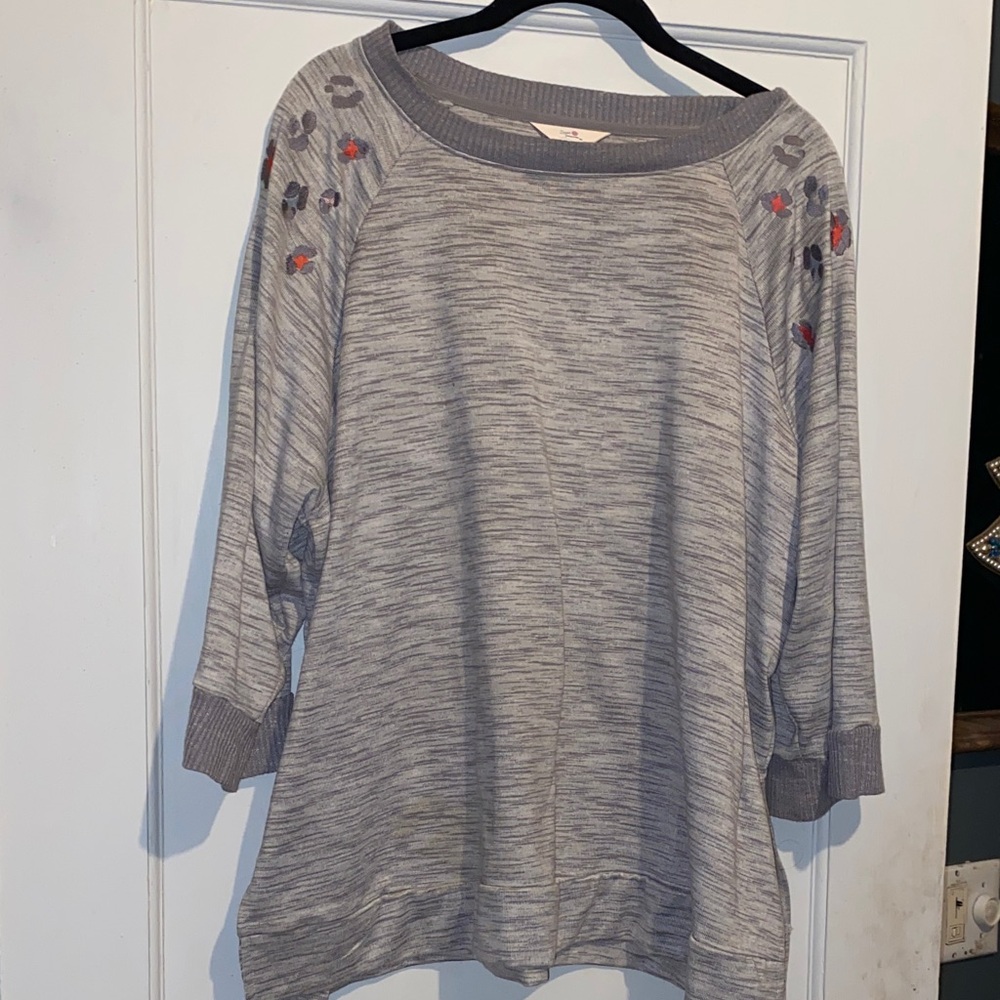Gray Women's Top with Embroidered floral Accents